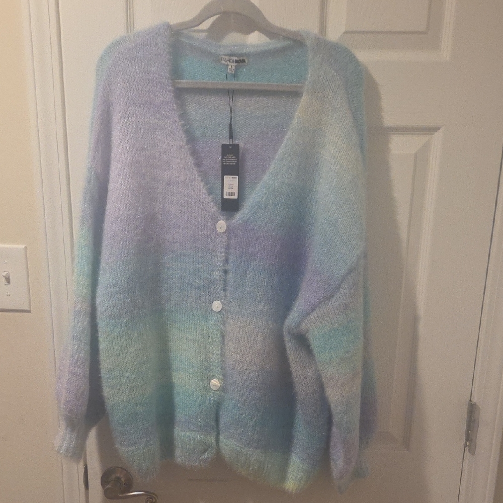 Pastel Gradient V-Neck Button Cardigan Sweater - Lavender Blue Mint